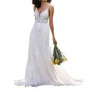 NEW LILLIAN WEST lace trumpet gown with low back and scalloped chapel length tra